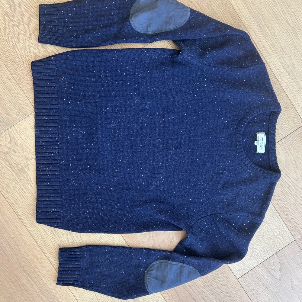 Frank & Oak Navy Speckled Crewneck Sweater with Gray Elbow Patches